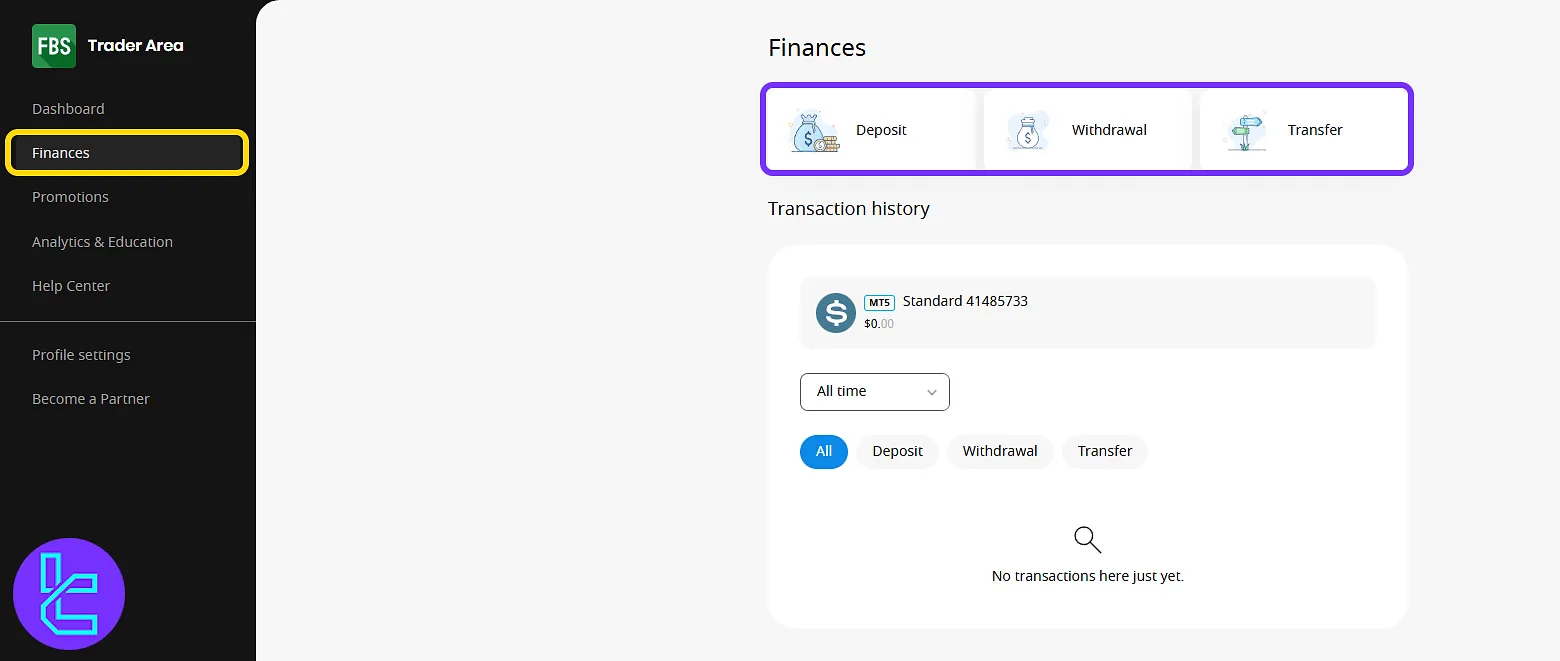 FBS finances area with fund movement and balance history in the dashboard