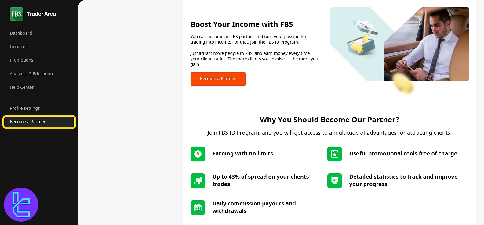 Partnership program area for IB earnings and stats in the FBS user’s interface