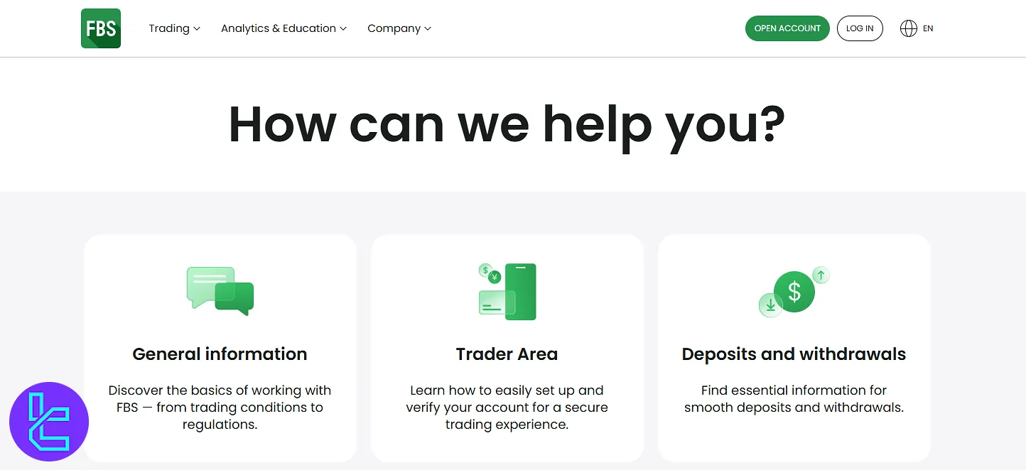 Support tools and general help menu in the FBS user area
