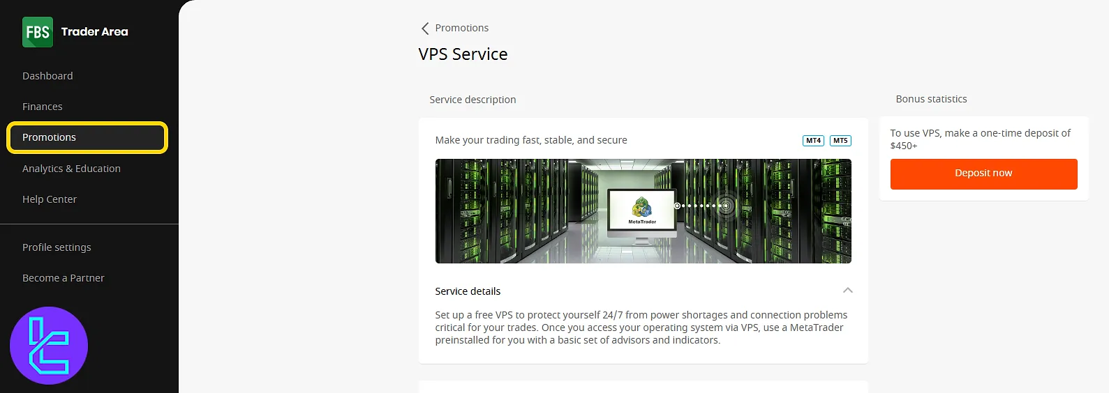 Promotional tools section with the VPS service and deposit offer in the FBS dashboard
