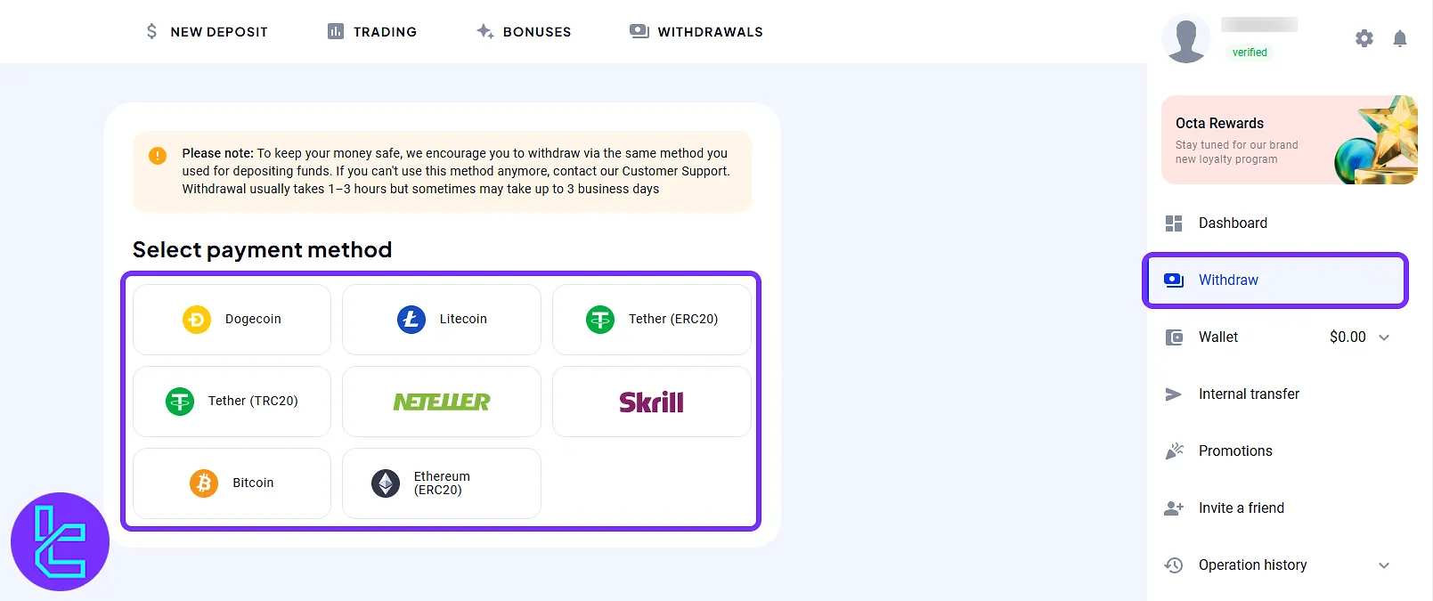 OctaFX user’s area withdrawal page with crypto and e-wallet options