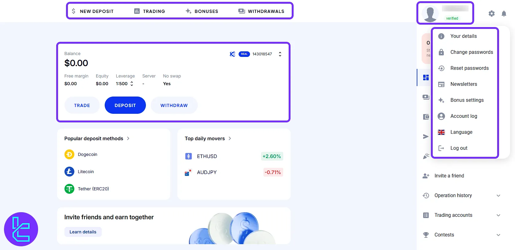 OctaFX dashboard with the account stats and profile management features