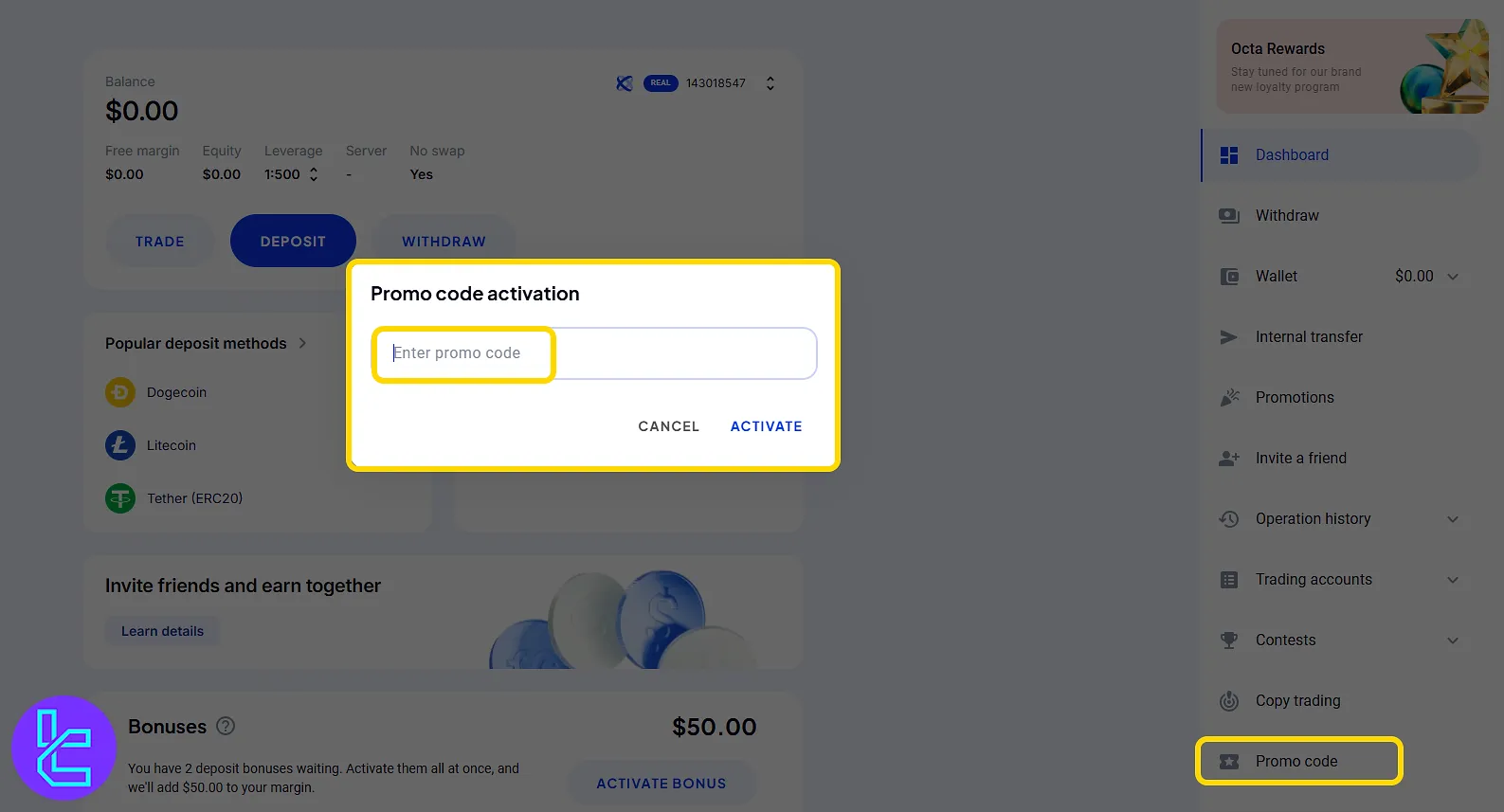 Activate promotion codes in the OctaFX user’s platform
