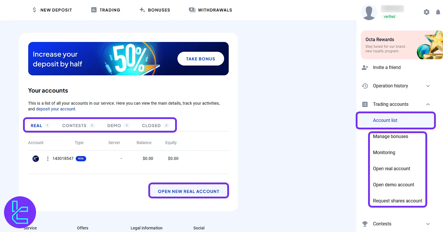 Account management page in the OctaFX dashboard showing open and closed accounts