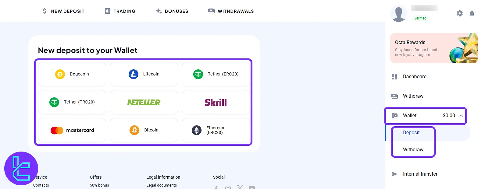 available deposit and withdrawal methods on the OctaFX dashboard