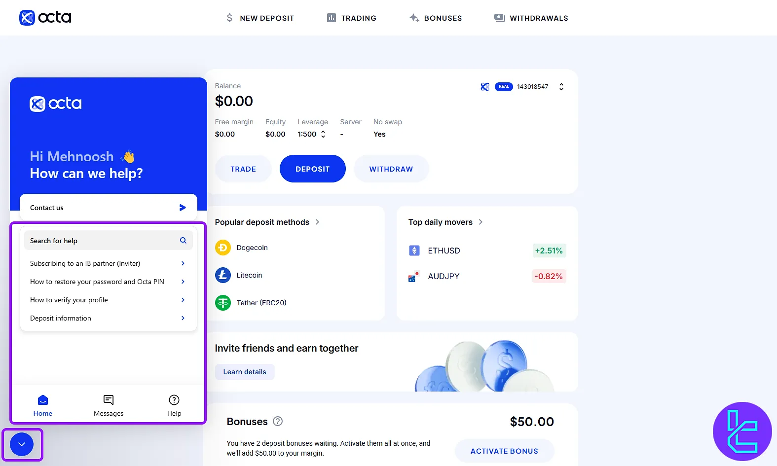 Live chat support on the OctaFX dashboard