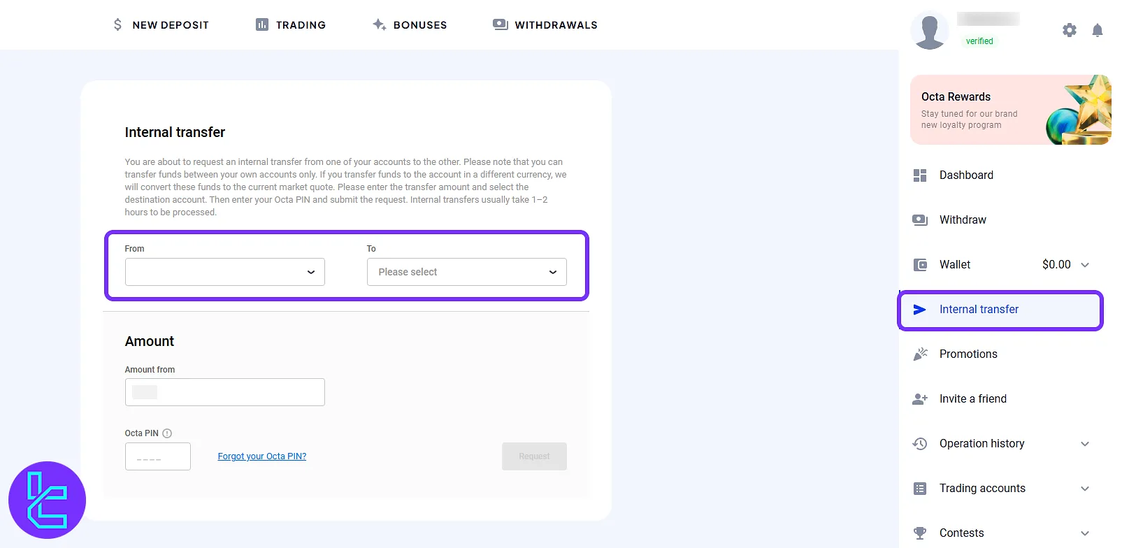 Internal fund transfer form with amount and destination fields in the OctaFX interface