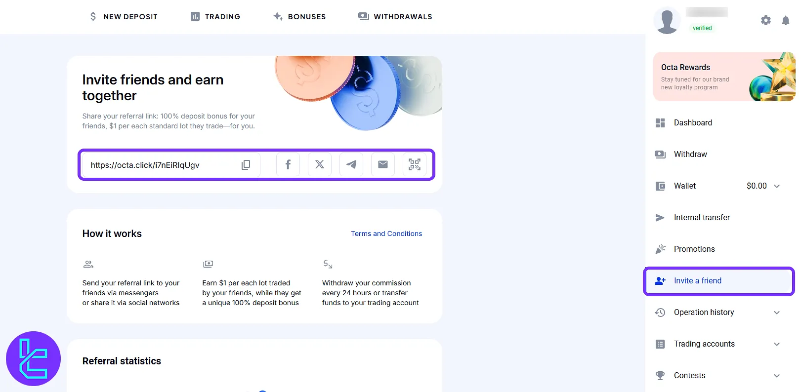Referral interface with shareable link and invite buttons in the OctaFX client area
