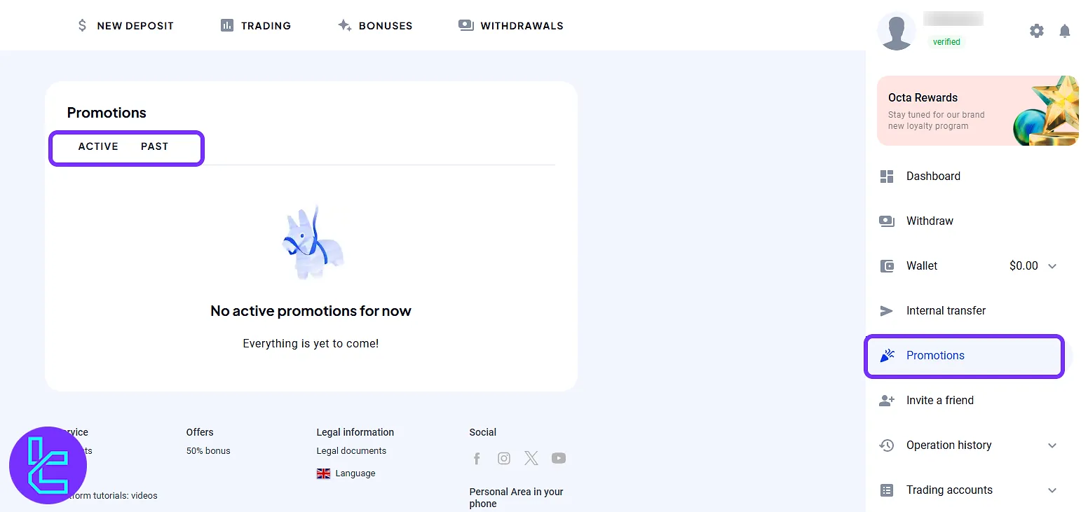 OctaFX promotions tab showing bonus status in the user area