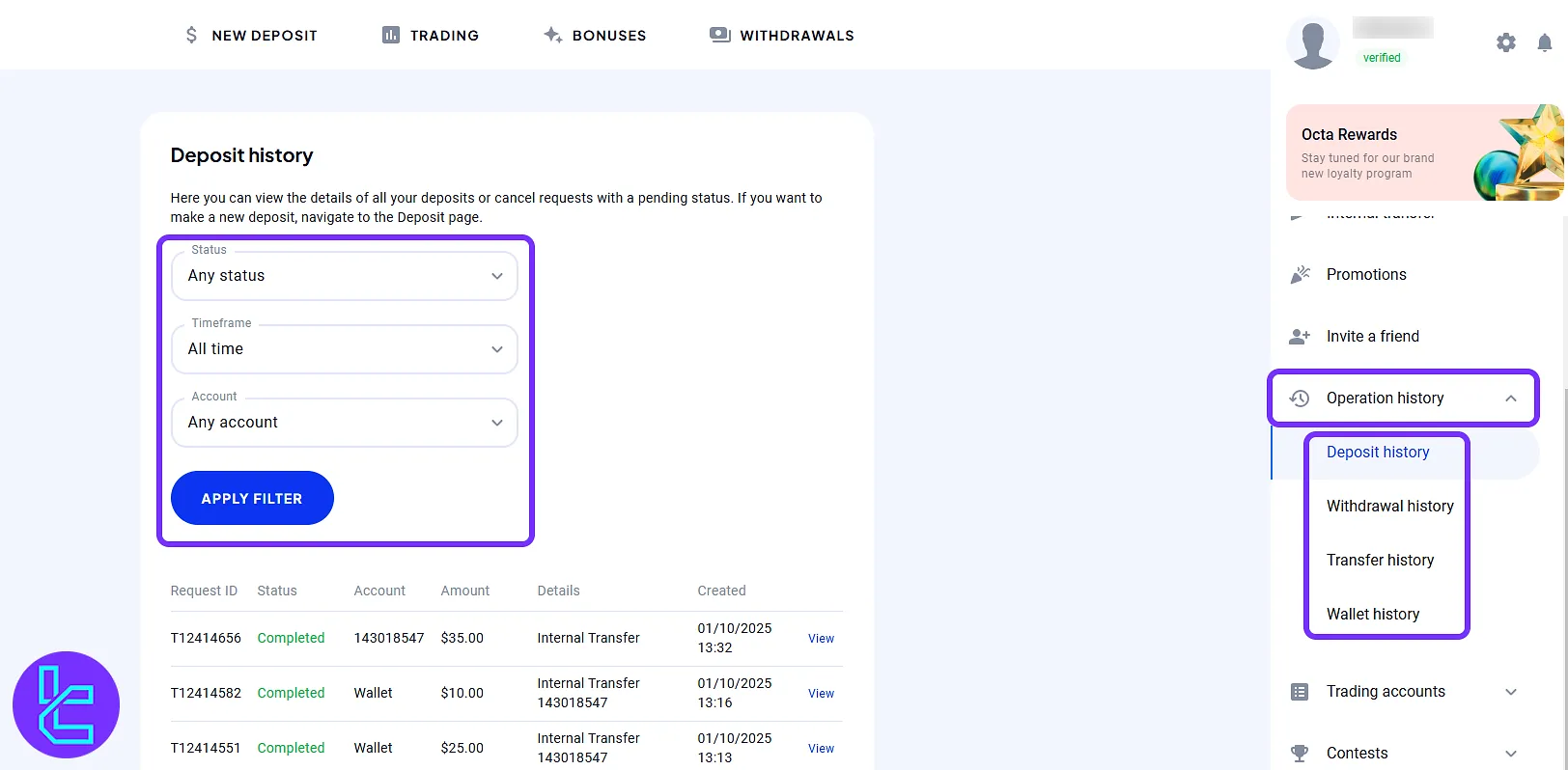 OctaFX transaction history filters and table accessible from the panel