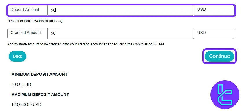 XS.com input form for the TRC20 top-up amount