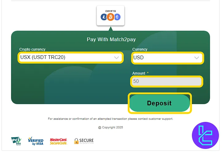 XS.com settings to configure network and token for TRC20 funding