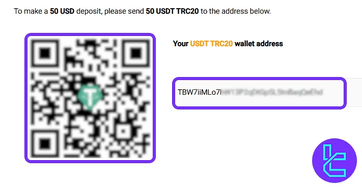 TRC20 payment address and QR code display in the XS.com platform