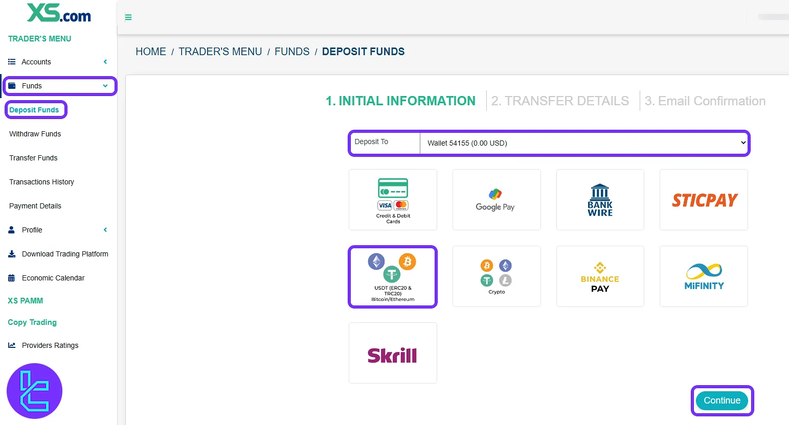 XS.com dashboard showing the USDT method selection for crypto top-up