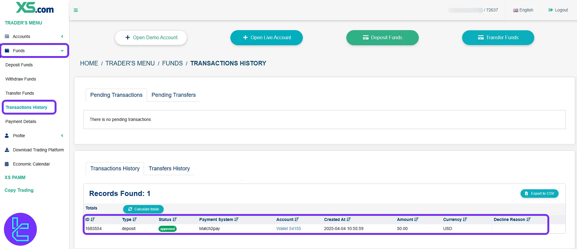 "Transaction History" panel for the XS.com TRC20 funding confirmation