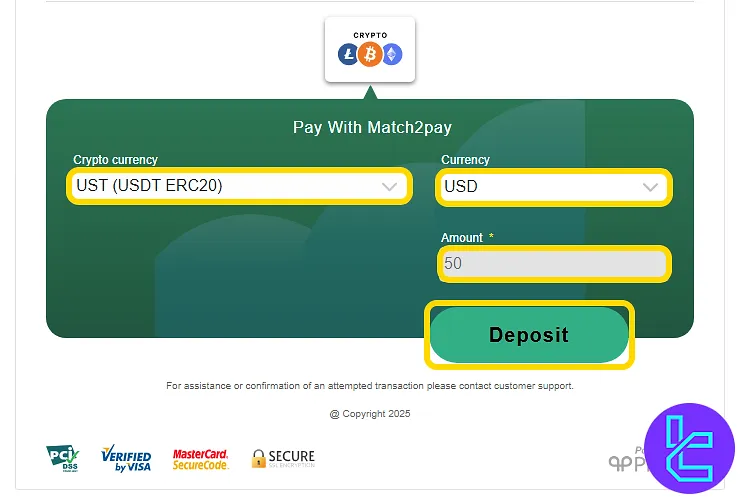 XS.com top-up settings for the ERC20 network and token configuration