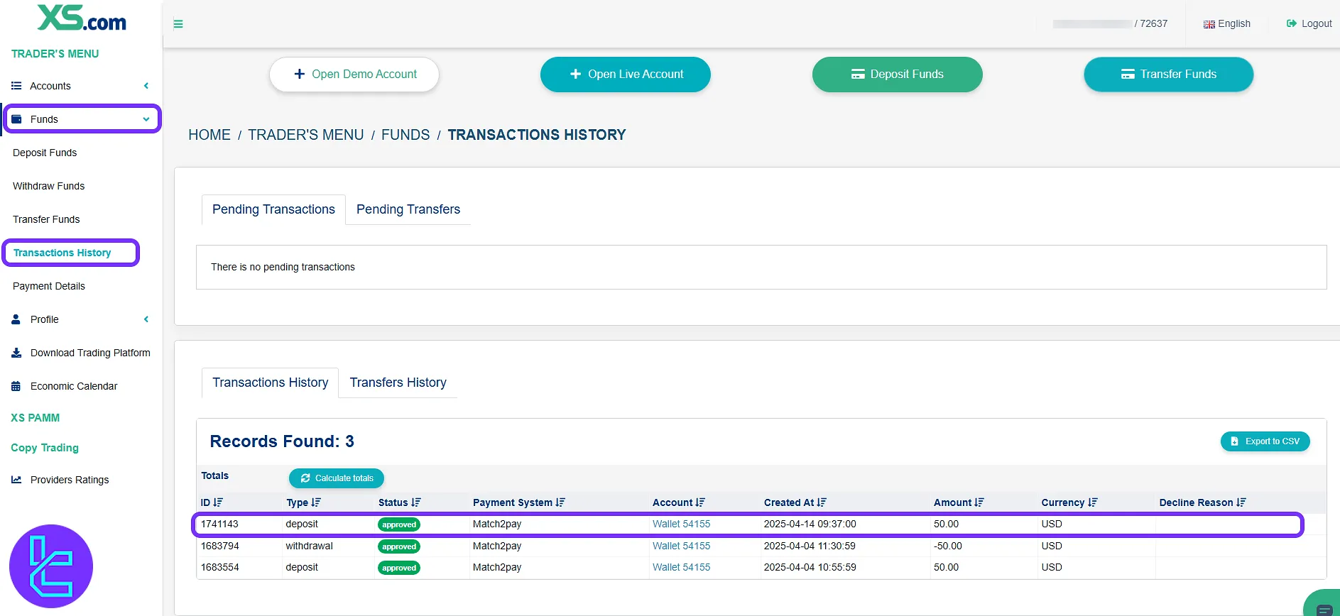 XS.com transaction overview screen for the ERC20 payment monitoring