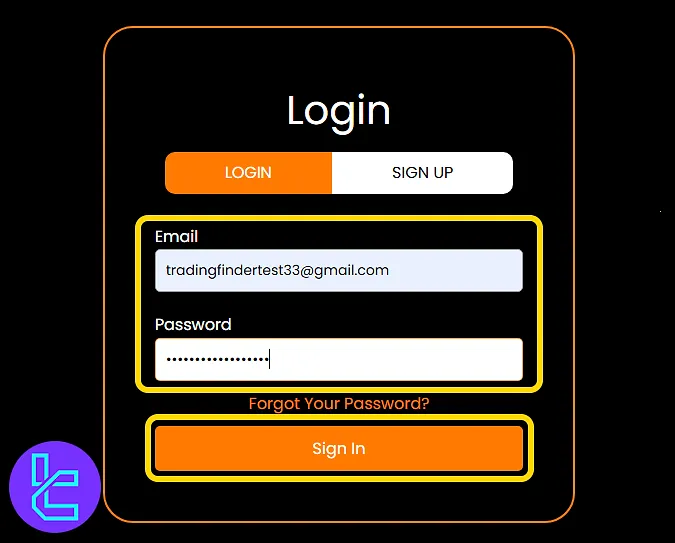 Hantec Trader login screen with email and password fields to access your newly created account