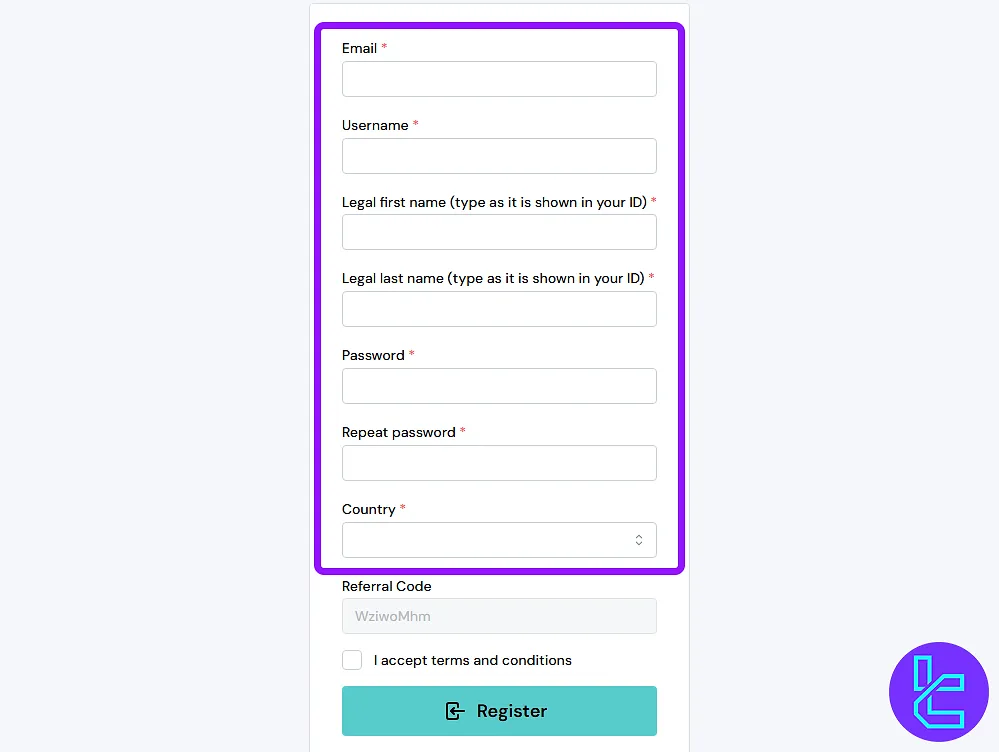 Sway Funded account creation form with all required fields