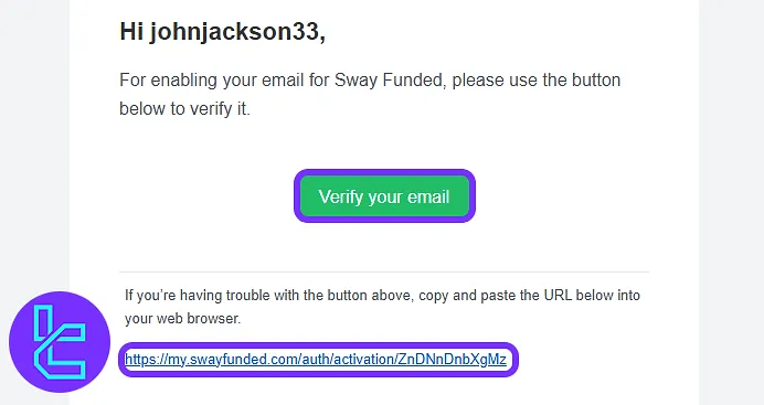 Verification email received from the Sway Funded to complete the sign-up process