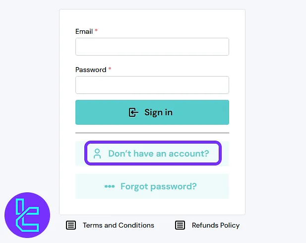 Sway Funded login page displaying "Don't have an account?" link for starting the sign-up process