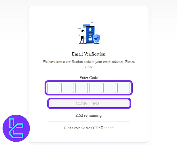 FundedNext email verification code input screen to complete the account creation