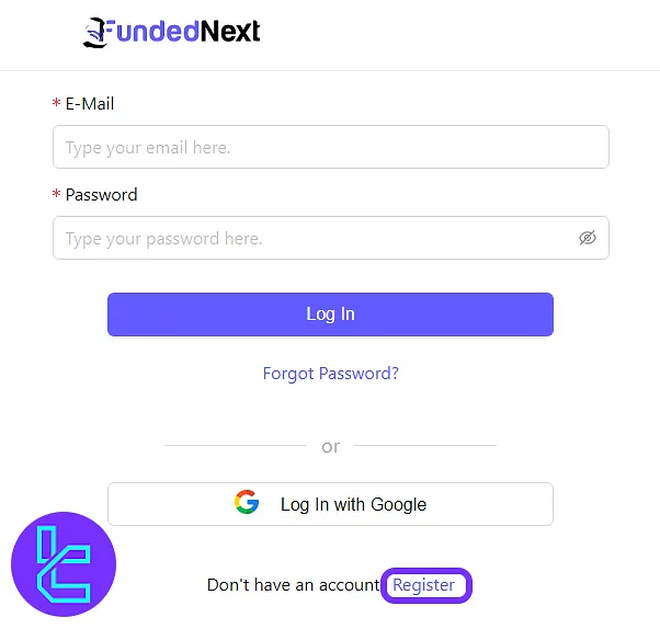 FundedNext login page highlighting the "Register" button