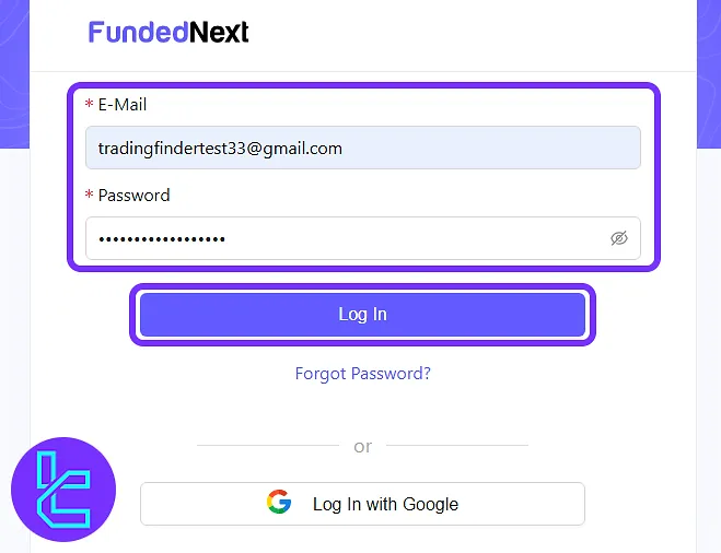 FundedNext login page with email and password fields to access to your newly created account