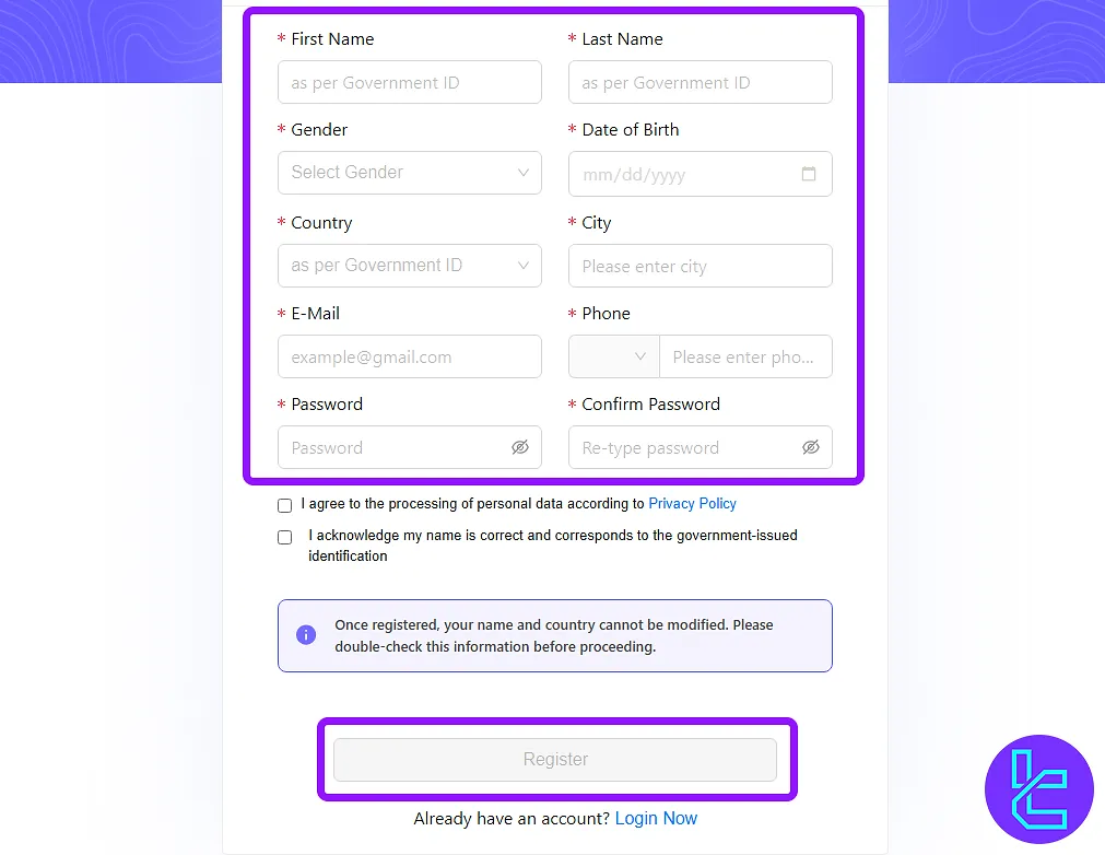 FundedNext detailed account creation form completion