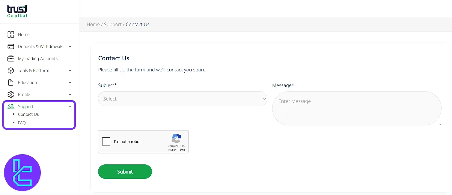 Trust Capital support center and communication features in the dashboard