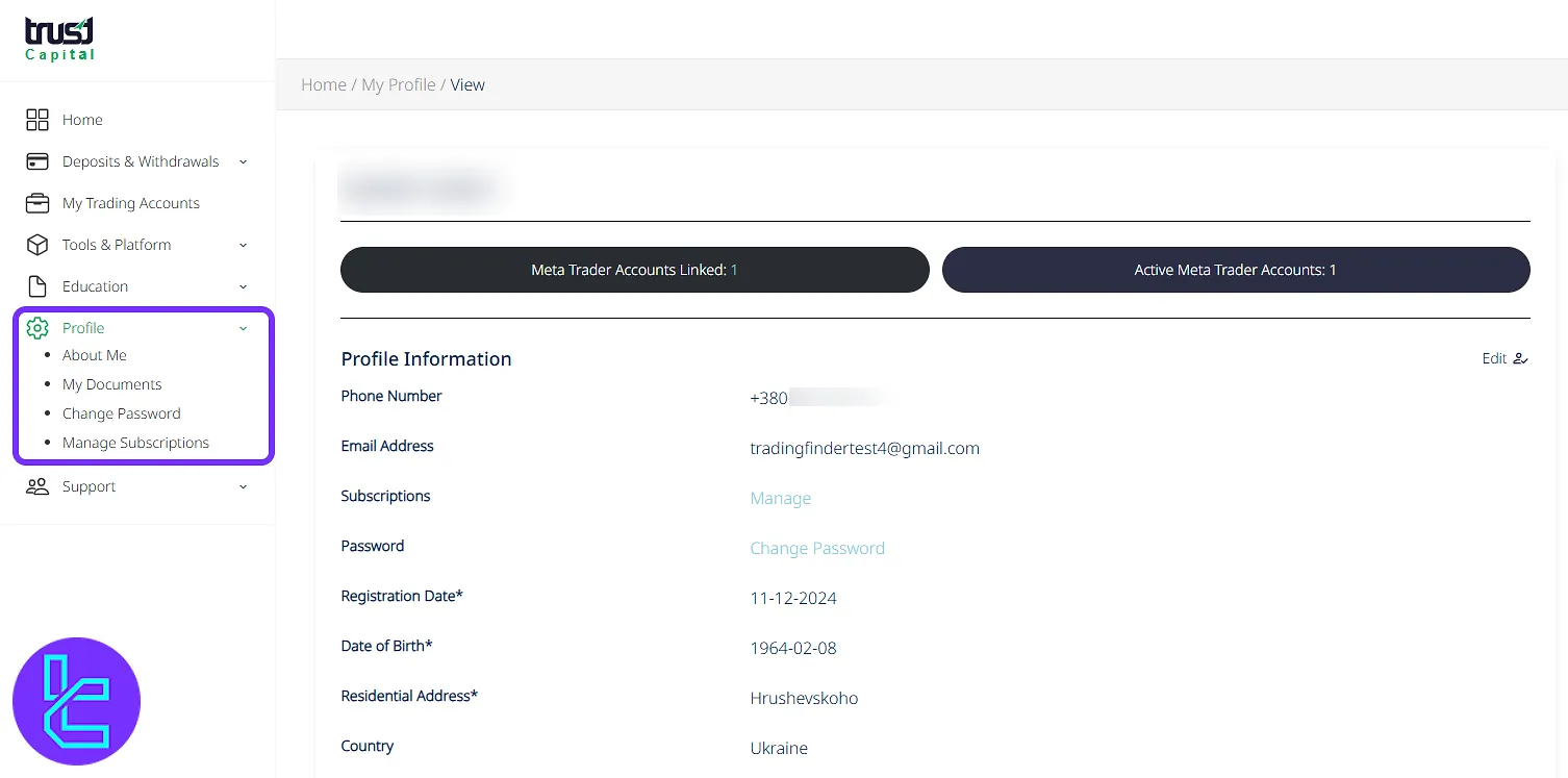 Personal information and settings area in the Trust Capital user area