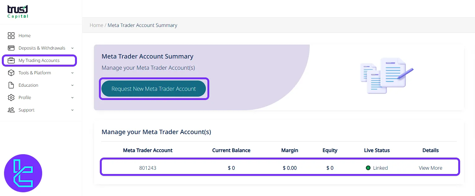 Trading account management and new account setup in the Trust Capital dashboard