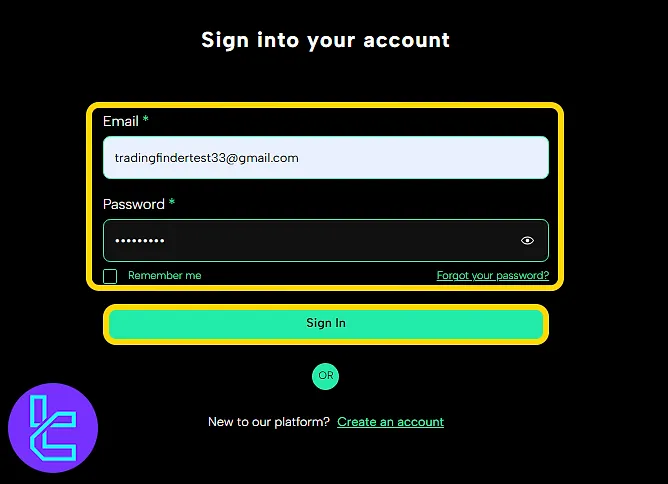 TradeXProp login screen with email and password fields to get access to your newly created account