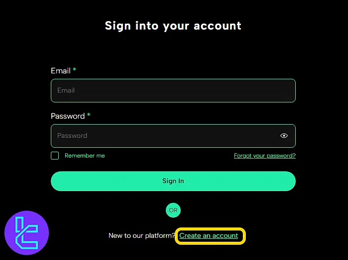 TradeXProp login page highlighting the "Create an Account" option