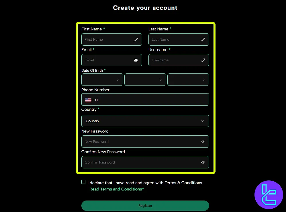 TradeXProp detailed account creation form