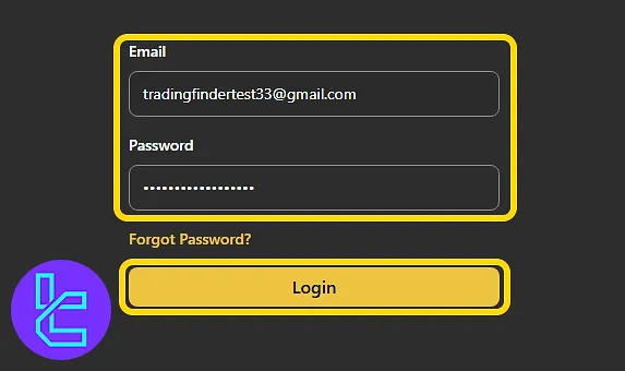 Forex Prop Firm login screen with email and password fields to get access to your newly created account