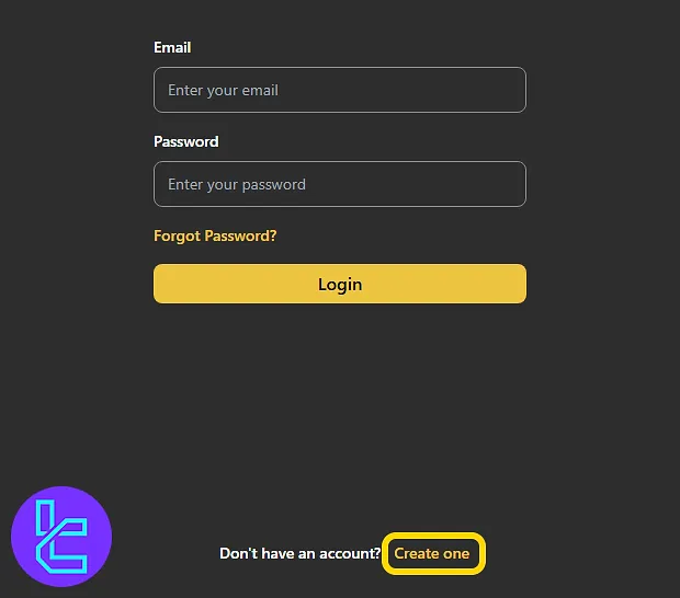 Forex Prop Firm login page showing "Create One" option to start the account setup