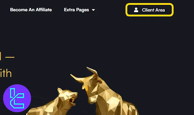 Forex Prop Firm homepage highlighting "Client Area" button to start the sign-up process