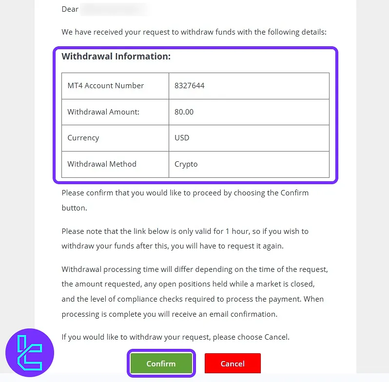 Titan FX TRC20 fund release email confirmation