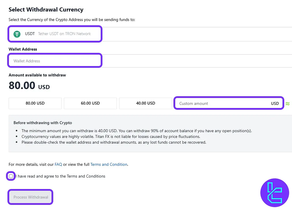 Titan FX entering the USDT payout details