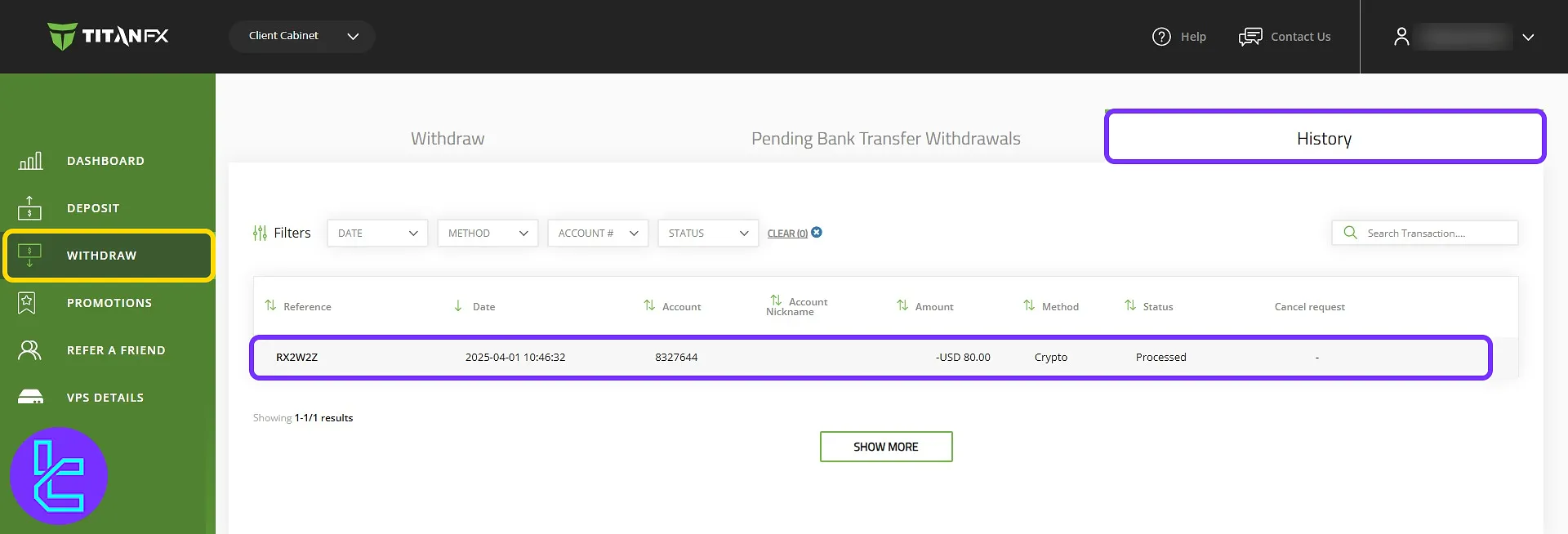 Titan FX TRC20 cash-out history and payout tracking