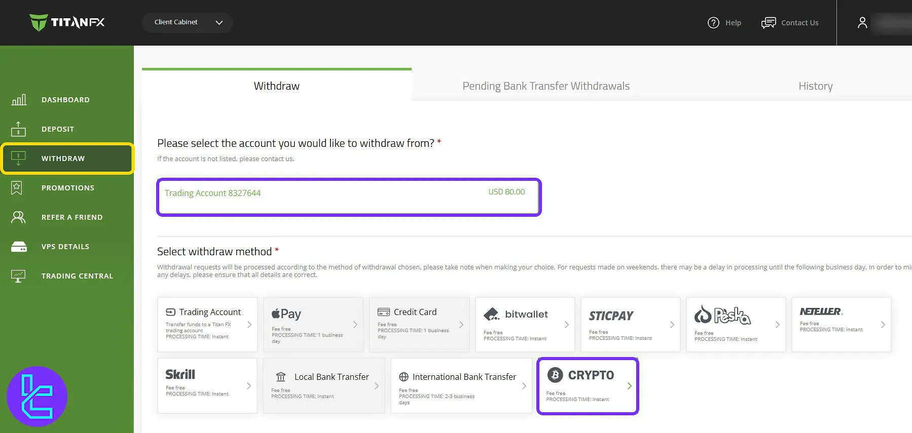 Entering dashboard to submit a Titan FX TRC-20 payout request