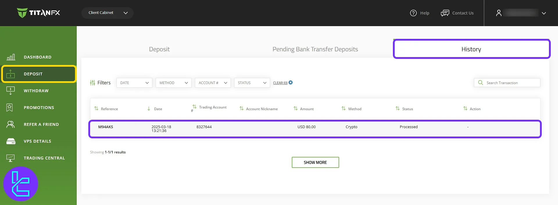 Titan FX account funding history displaying the TRC20 transaction status