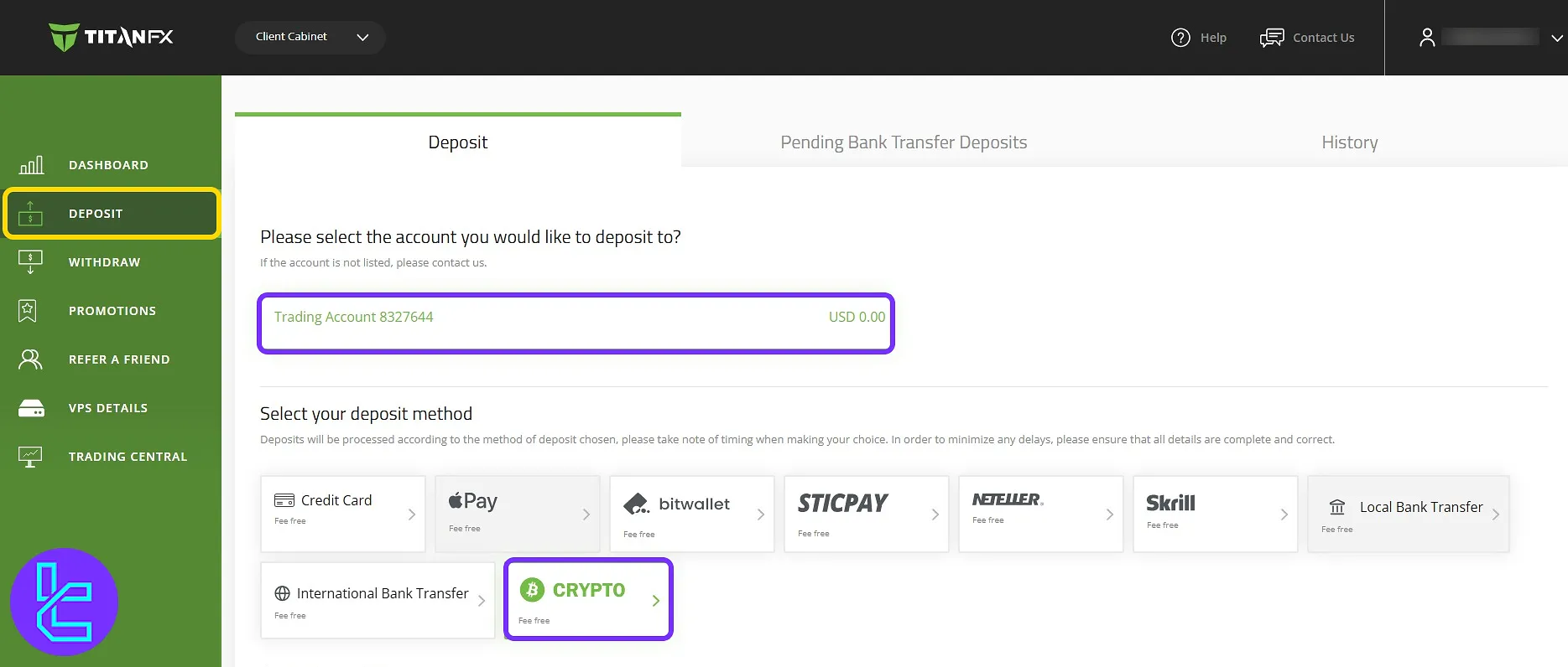 Choosing Titan FX TRC20 payment method on the dashboard