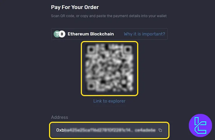 Wallet address and QR code for JustMarkets ERC20 charge