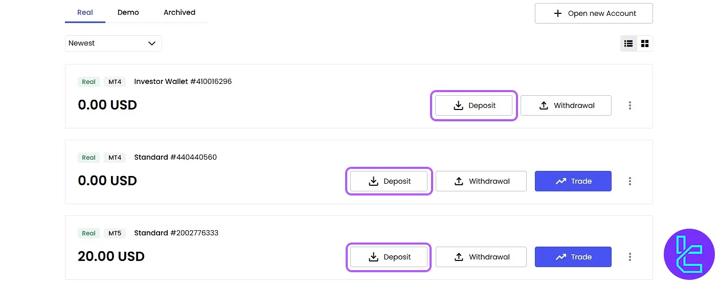 Selecting account for JustMarkets ERC20 pay in