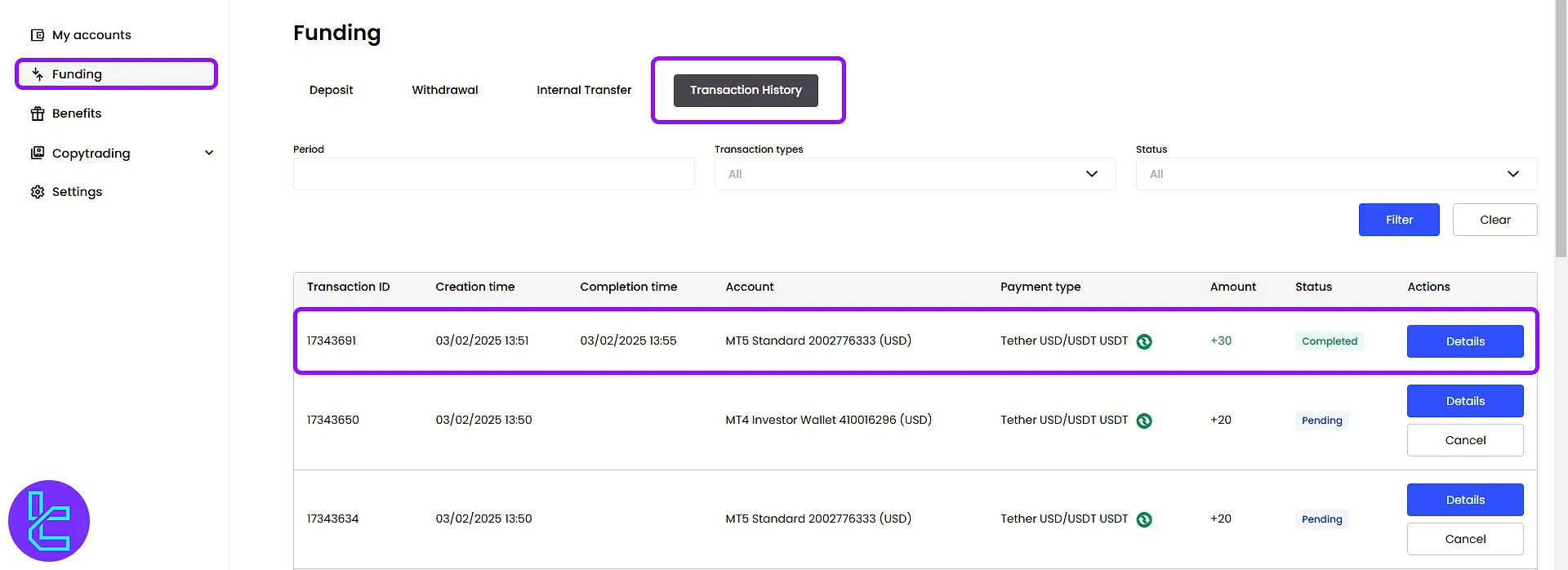 Viewing pay in status in JustMarkets ERC20 charge
