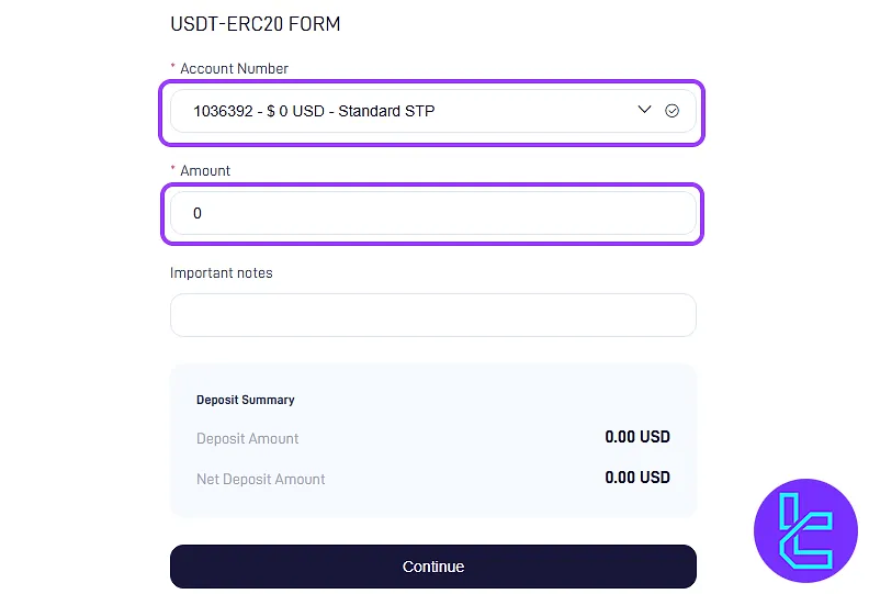 STARTRADER ERC-20 deposit details form