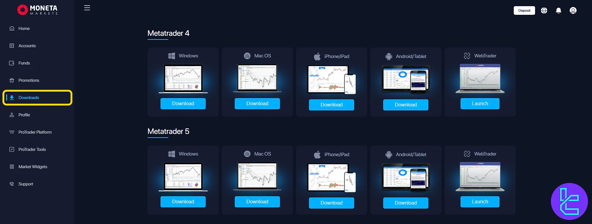 Moneta Markets trader area download hub for platforms