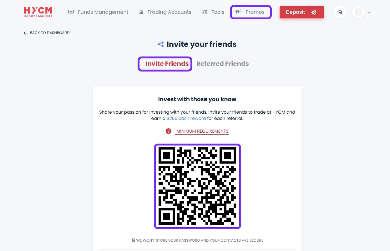 HYCM user cabin promotions tab with referral rewards